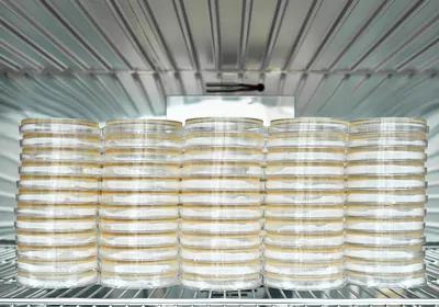 Stacks of bacterial agar plates on a shelf in a laboratory incubator.